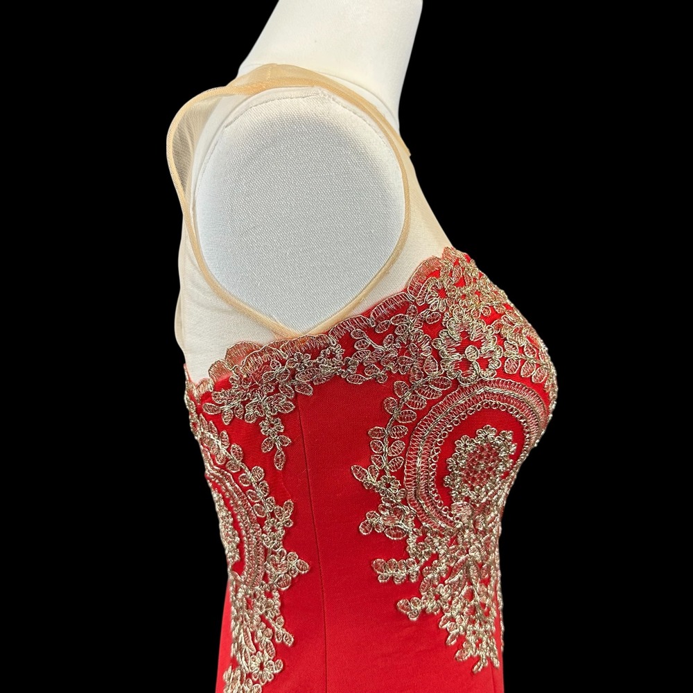 Red Gold Embroidered Illusion Neck Evening Gown Maxi Dress - Picture 6 of 8